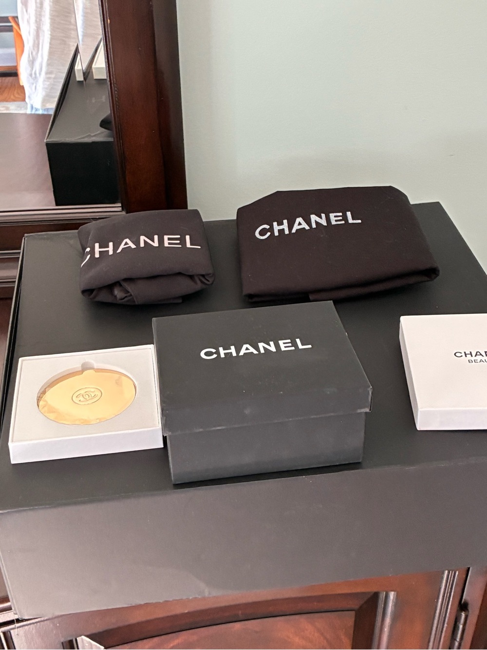 Misc, Chanel boxes, bags, Gold Compact with Black Branded Box and Pouches (Set)